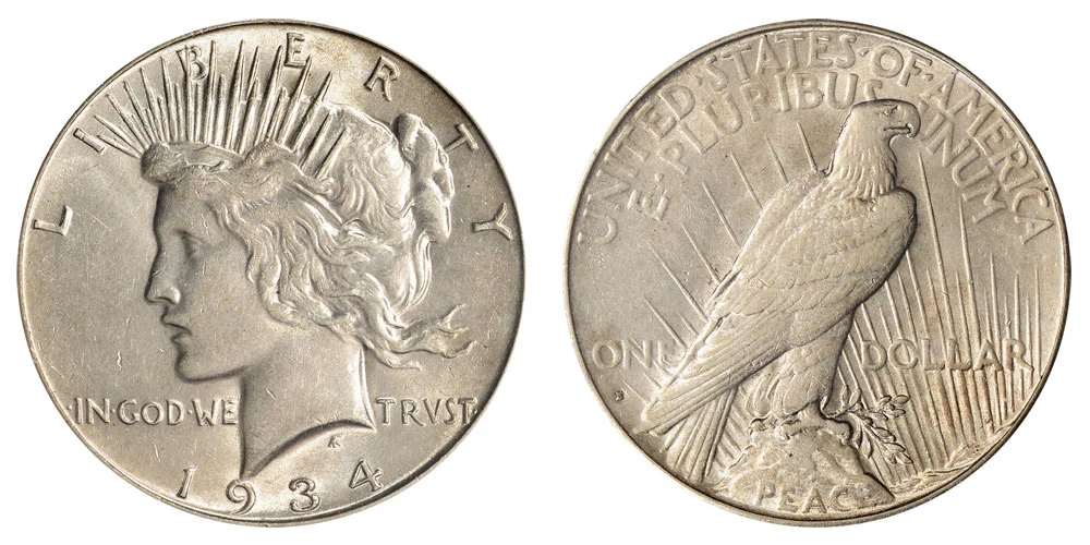 1934 Peace Dollar obverse showing Miss Liberty profile, Philadelphia mint, 90% silver