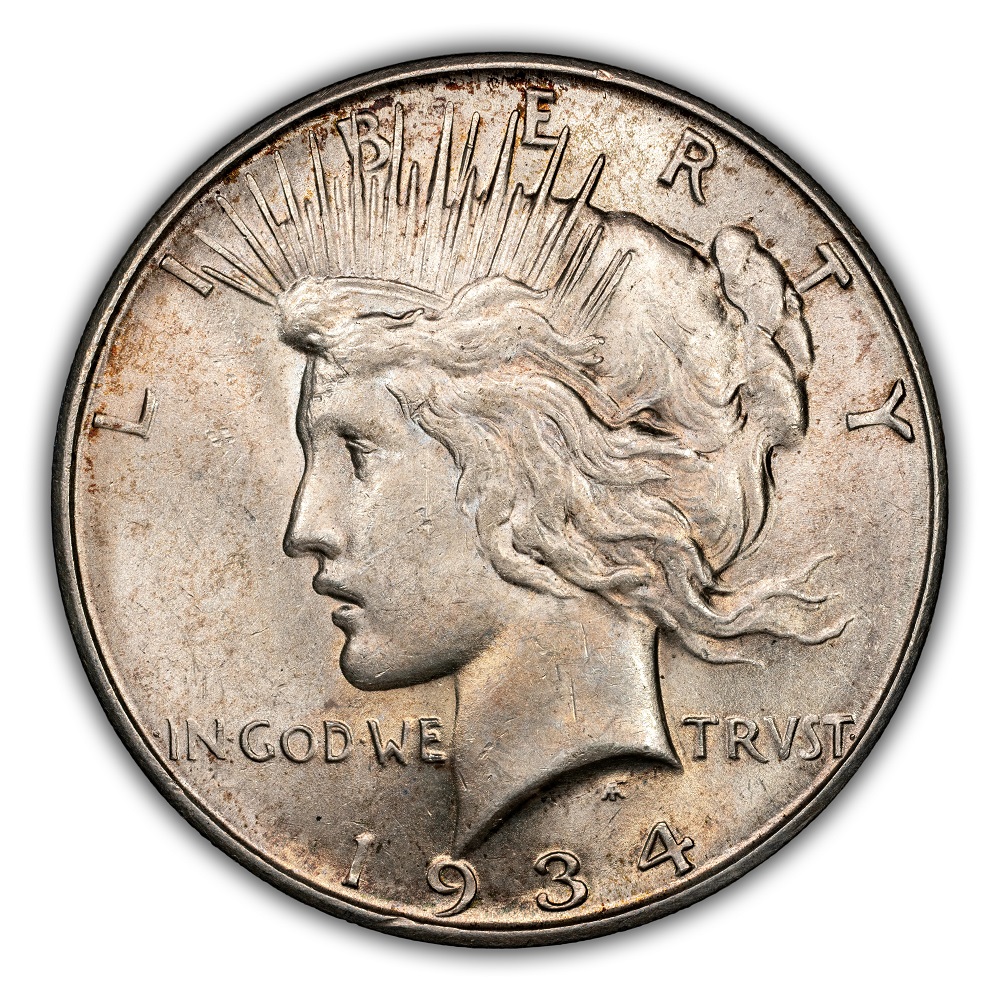 1934-D Peace Dollar VAM-4 Micro D mint mark shown high on reverse near ONE DOLLAR text, compared to standard Medium D position