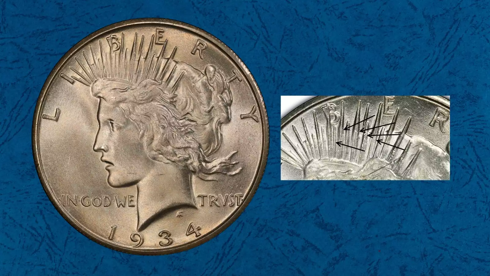 1934-S Peace Dollar VAM-3 Doubled Tiara showing secondary doubling impressions on Liberty's crown spike rays