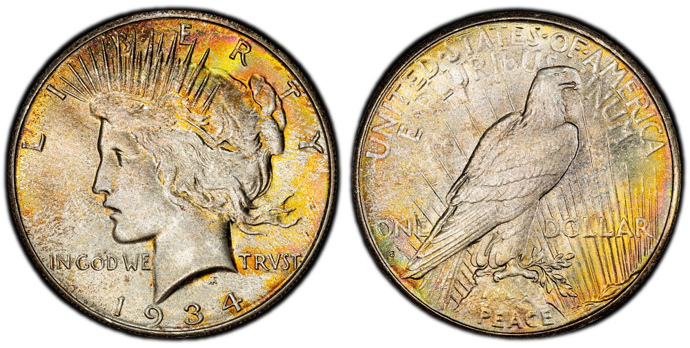 1934 Peace Dollar grading strip showing four condition tiers from heavily worn Good to Gem Mint State